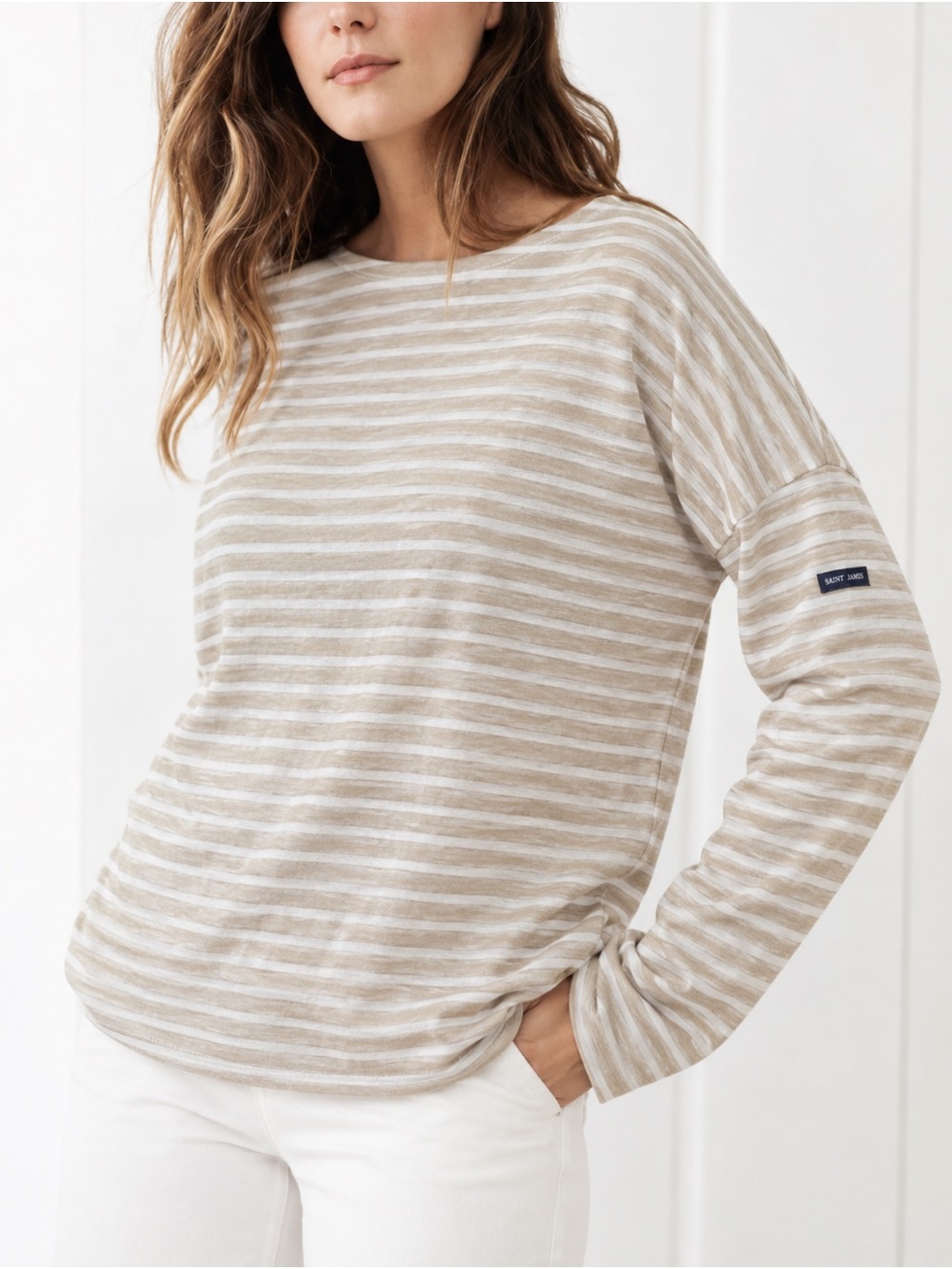 Saint James X Jenny Kayne Striped Linen Rue Drop Shoulder T Shirt Top Beige XL